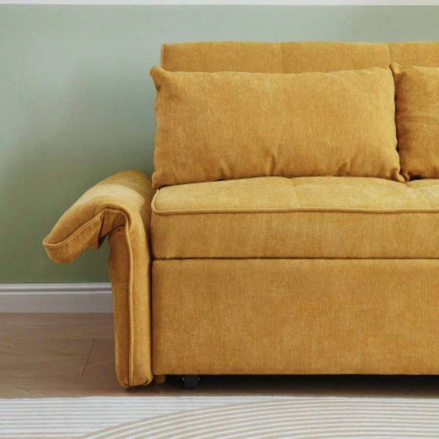 VIDEO providedChenille fabric pull - out sofa bed, sleeper loveseat couch with adjustable armrests - Yellow