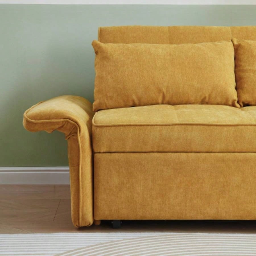 VIDEO providedChenille fabric pull - out sofa bed, sleeper loveseat couch with adjustable armrests - Yellow