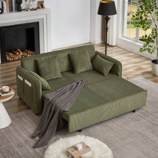 FX 66 Inch Sleeper Sofa Bed 3 - in - 1 Adjustable Sleeper with Pullout Bed 4 Pillows and Side Pockets Soft Corduroy Convertible Sleeper Sofa Bed Living Room Bedroom Apartment Office green
