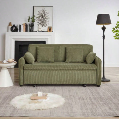 FX 66 Inch Sleeper Sofa Bed 3 - in - 1 Adjustable Sleeper with Pullout Bed 4 Pillows and Side Pockets Soft Corduroy Convertible Sleeper Sofa Bed Living Room Bedroom Apartment Office green