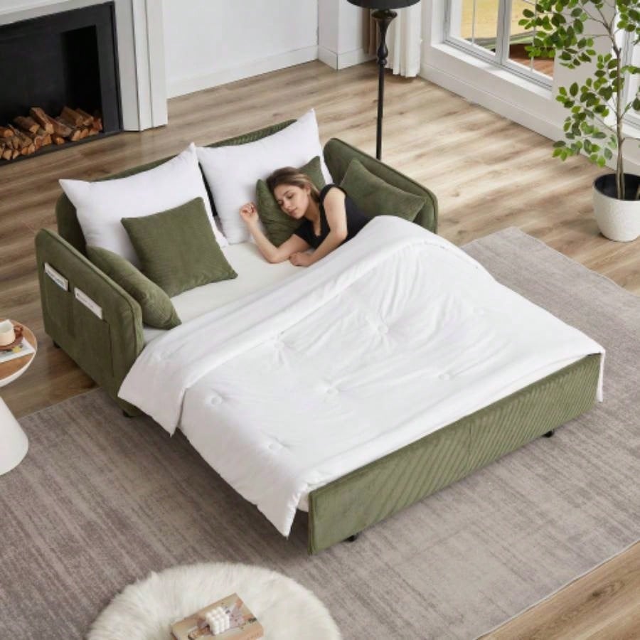 FX 66 Inch Sleeper Sofa Bed 3 - in - 1 Adjustable Sleeper with Pullout Bed 4 Pillows and Side Pockets Soft Corduroy Convertible Sleeper Sofa Bed Living Room Bedroom Apartment Office green