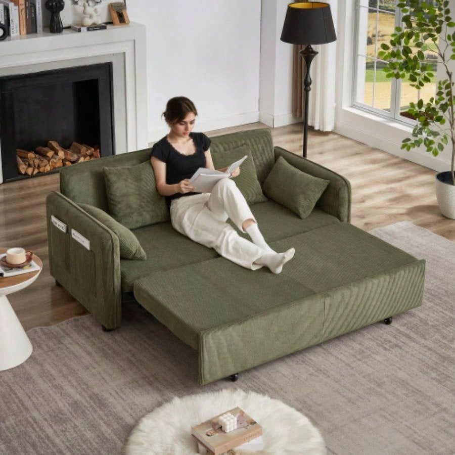 FX 66 Inch Sleeper Sofa Bed 3 - in - 1 Adjustable Sleeper with Pullout Bed 4 Pillows and Side Pockets Soft Corduroy Convertible Sleeper Sofa Bed Living Room Bedroom Apartment Office green