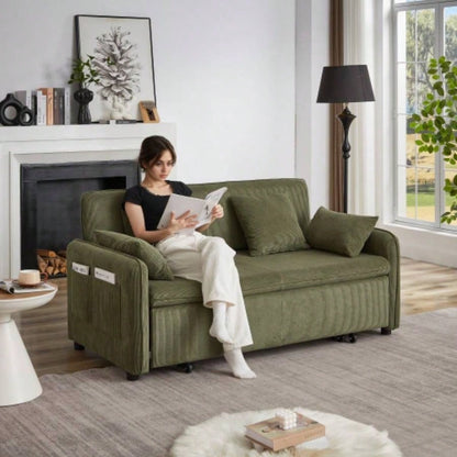 FX 66 Inch Sleeper Sofa Bed 3 - in - 1 Adjustable Sleeper with Pullout Bed 4 Pillows and Side Pockets Soft Corduroy Convertible Sleeper Sofa Bed Living Room Bedroom Apartment Office green