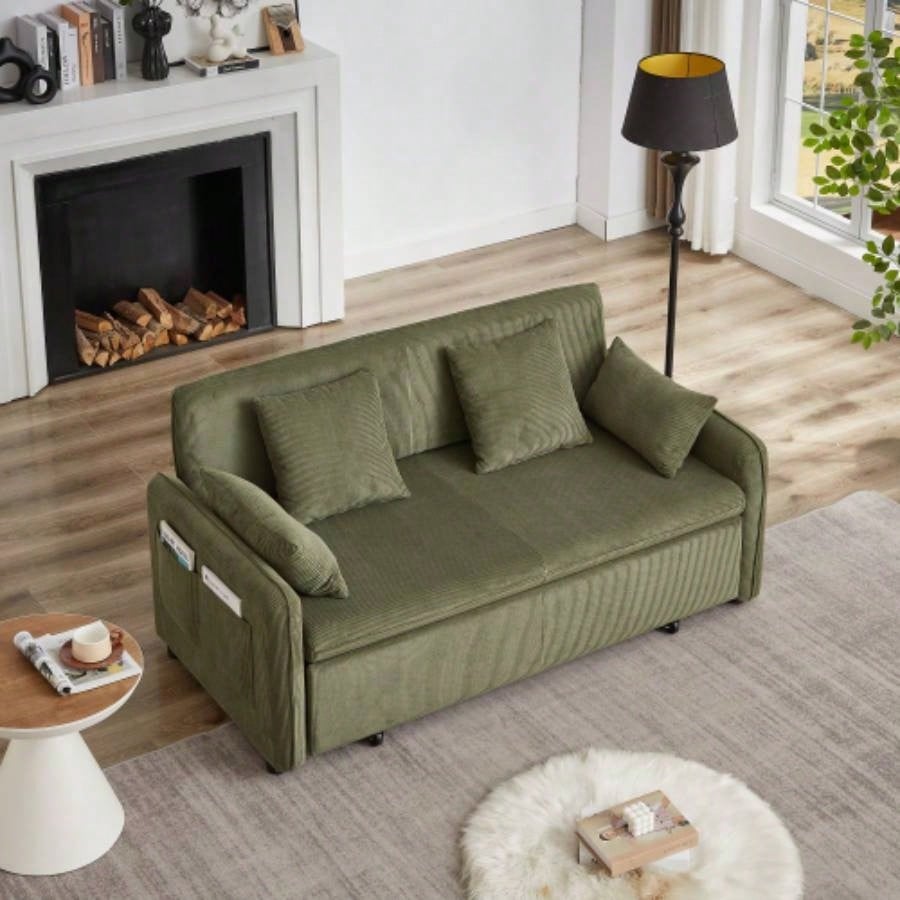 FX 66 Inch Sleeper Sofa Bed 3 - in - 1 Adjustable Sleeper with Pullout Bed 4 Pillows and Side Pockets Soft Corduroy Convertible Sleeper Sofa Bed Living Room Bedroom Apartment Office green