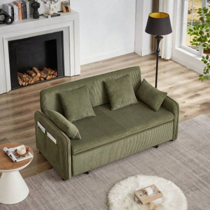 FX 66 Inch Sleeper Sofa Bed 3 - in - 1 Adjustable Sleeper with Pullout Bed 4 Pillows and Side Pockets Soft Corduroy Convertible Sleeper Sofa Bed Living Room Bedroom Apartment Office green