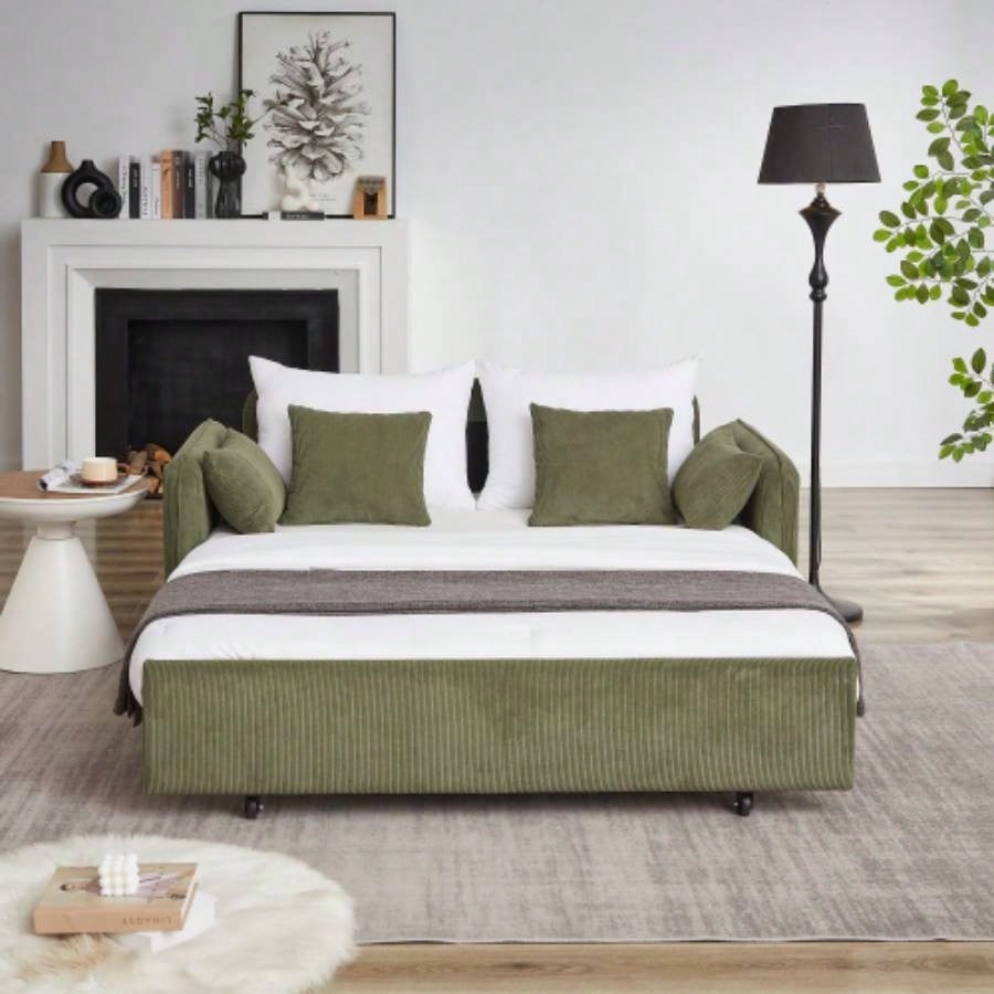 FX 66 Inch Sleeper Sofa Bed 3 - in - 1 Adjustable Sleeper with Pullout Bed 4 Pillows and Side Pockets Soft Corduroy Convertible Sleeper Sofa Bed Living Room Bedroom Apartment Office green