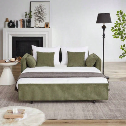 FX 66 Inch Sleeper Sofa Bed 3 - in - 1 Adjustable Sleeper with Pullout Bed 4 Pillows and Side Pockets Soft Corduroy Convertible Sleeper Sofa Bed Living Room Bedroom Apartment Office green