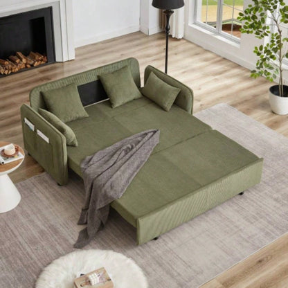 FX 66 Inch Sleeper Sofa Bed 3 - in - 1 Adjustable Sleeper with Pullout Bed 4 Pillows and Side Pockets Soft Corduroy Convertible Sleeper Sofa Bed Living Room Bedroom Apartment Office green