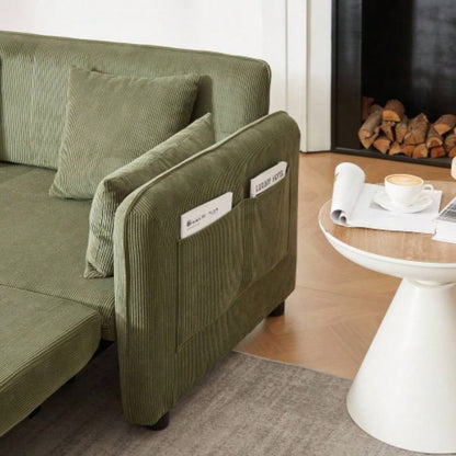 FX 66 Inch Sleeper Sofa Bed 3 - in - 1 Adjustable Sleeper with Pullout Bed 4 Pillows and Side Pockets Soft Corduroy Convertible Sleeper Sofa Bed Living Room Bedroom Apartment Office green