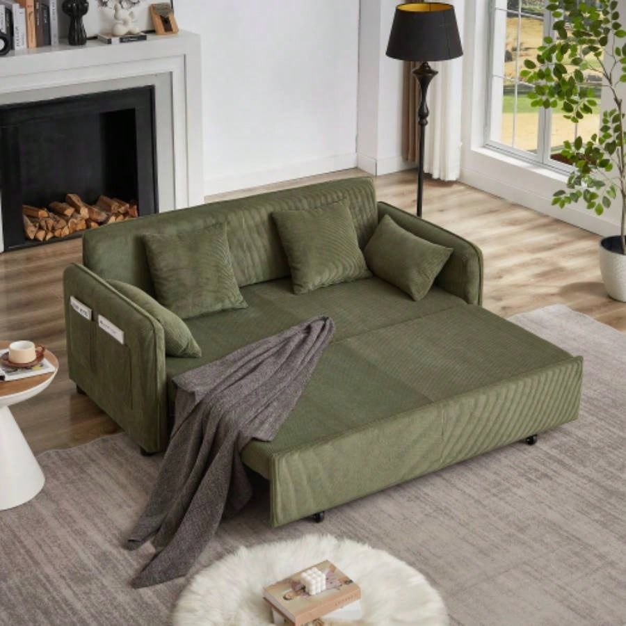 FX 66 Inch Sleeper Sofa Bed 3 - in - 1 Adjustable Sleeper with Pullout Bed 4 Pillows and Side Pockets Soft Corduroy Convertible Sleeper Sofa Bed Living Room Bedroom Apartment Office green
