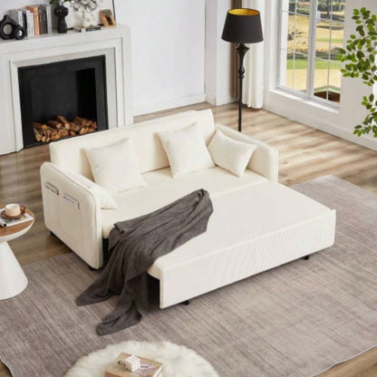 FX 66 Inch Sleeper Sofa Bed 3 - in - 1 Adjustable Sleeper with Pullout Bed 4 Pillows and Side Pockets Soft Corduroy Convertible Sleeper Sofa Bed Living Room Bedroom Apartment Office green