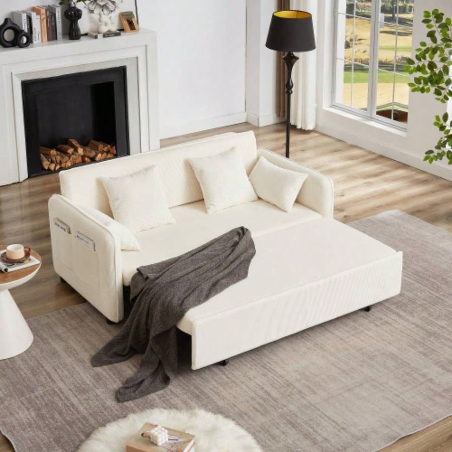 FX 66 Inch Sleeper Sofa Bed 3 - in - 1 Adjustable Sleeper with Pullout Bed 4 Pillows and Side Pockets Soft Corduroy Convertible Sleeper Sofa Bed Living Room Bedroom Apartment Office green
