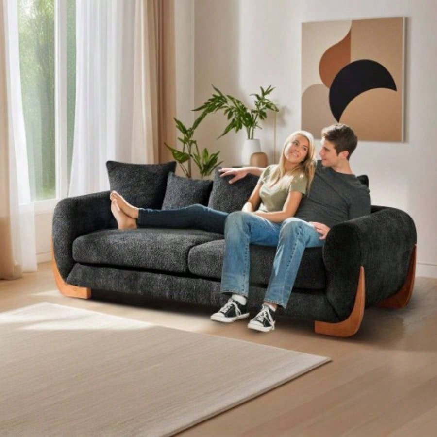 Modern Elegant Design 3 Seater Sofa with Wooden, Comfortable Lambswool 5 Pillows Living Room, Bedroom, Apartment, Black