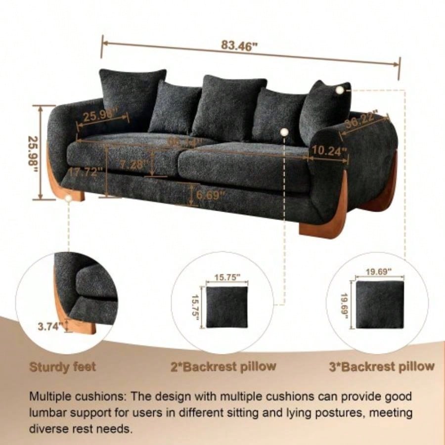 Modern Elegant Design 3 Seater Sofa with Wooden, Comfortable Lambswool 5 Pillows Living Room, Bedroom, Apartment, Black
