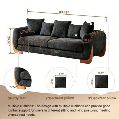 Modern Elegant Design 3 Seater Sofa with Wooden, Comfortable Lambswool 5 Pillows Living Room, Bedroom, Apartment, Black