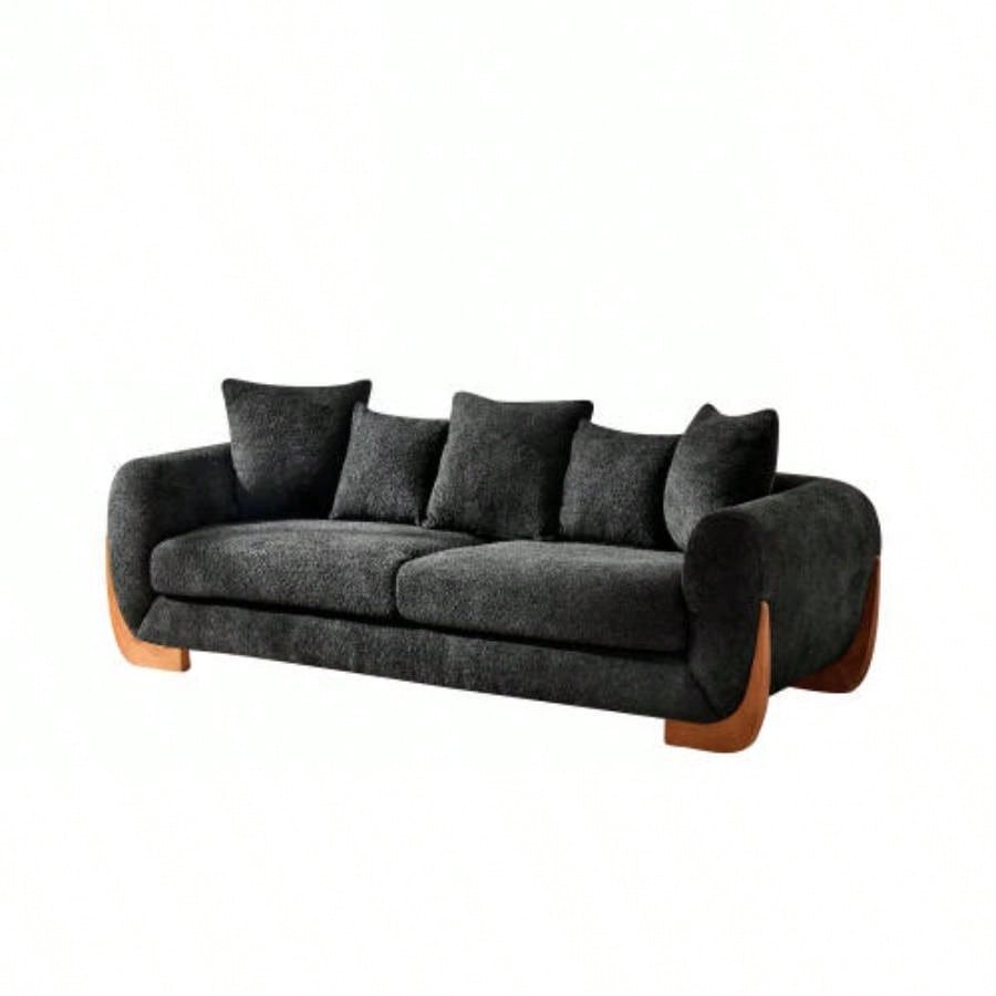 Modern Elegant Design 3 Seater Sofa with Wooden, Comfortable Lambswool 5 Pillows Living Room, Bedroom, Apartment, Black