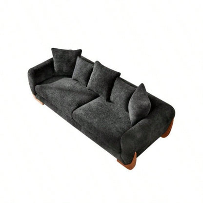 Modern Elegant Design 3 Seater Sofa with Wooden, Comfortable Lambswool 5 Pillows Living Room, Bedroom, Apartment, Black
