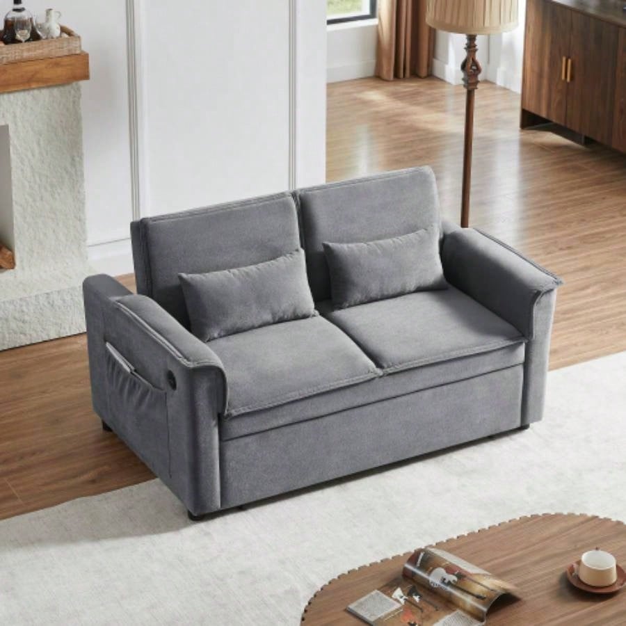Modern Fabric Convertible Loveseat Sleeper Sofa Couch with Adjustable Backrest, 2 Seater Sofa With Pull - Out Bed with 2 Lumbar Pillows Small Living Room Apartment