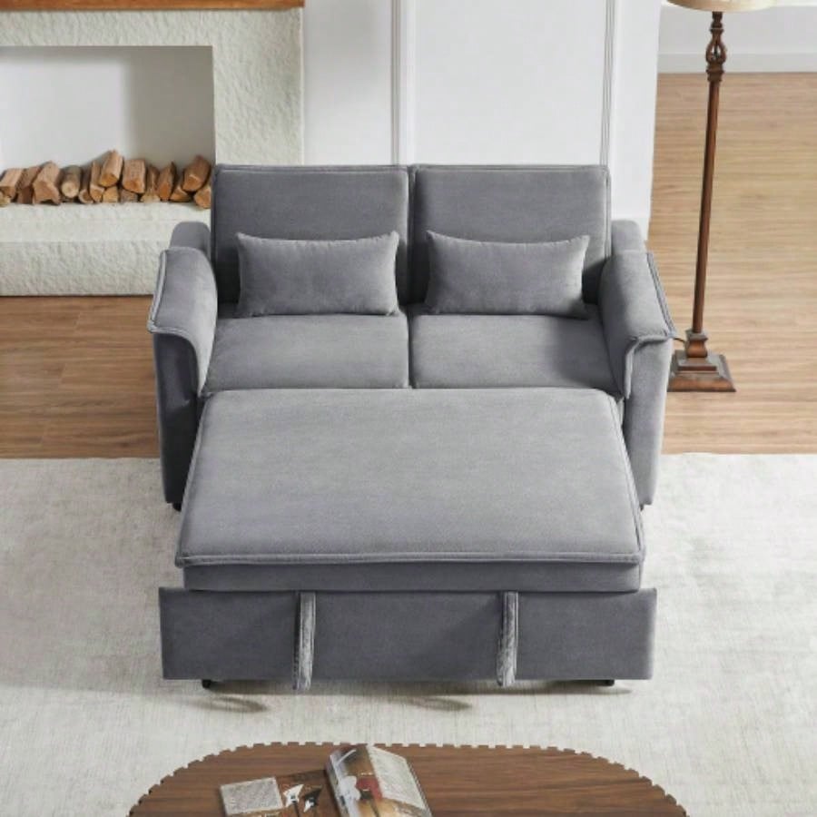 Modern Fabric Convertible Loveseat Sleeper Sofa Couch with Adjustable Backrest, 2 Seater Sofa With Pull - Out Bed with 2 Lumbar Pillows Small Living Room Apartment