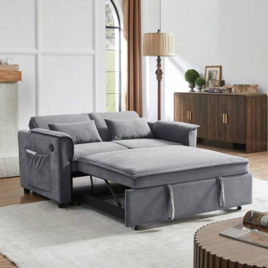 Modern Fabric Convertible Loveseat Sleeper Sofa Couch with Adjustable Backrest, 2 Seater Sofa With Pull - Out Bed with 2 Lumbar Pillows Small Living Room Apartment