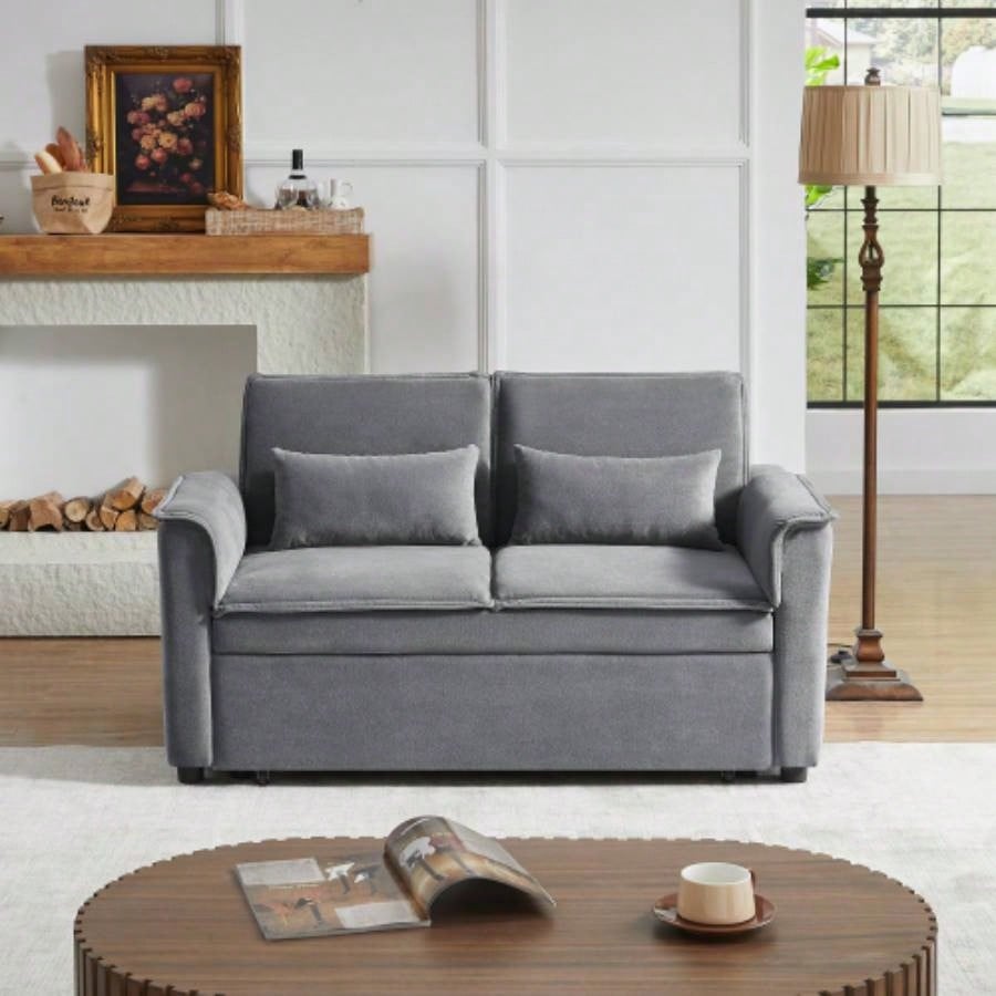 Modern Fabric Convertible Loveseat Sleeper Sofa Couch with Adjustable Backrest, 2 Seater Sofa With Pull - Out Bed with 2 Lumbar Pillows Small Living Room Apartment