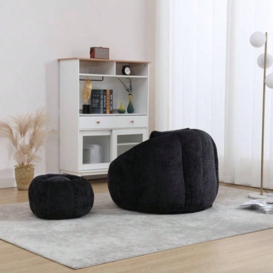 COOLMORE Modern Large Round Bean Bag Chair with Footrest Living Room, Chenille Fabric Lazy Sofa with Pillow Adults, Teenagers, Child, Suitable Bedroom, Dormitory, Study Room