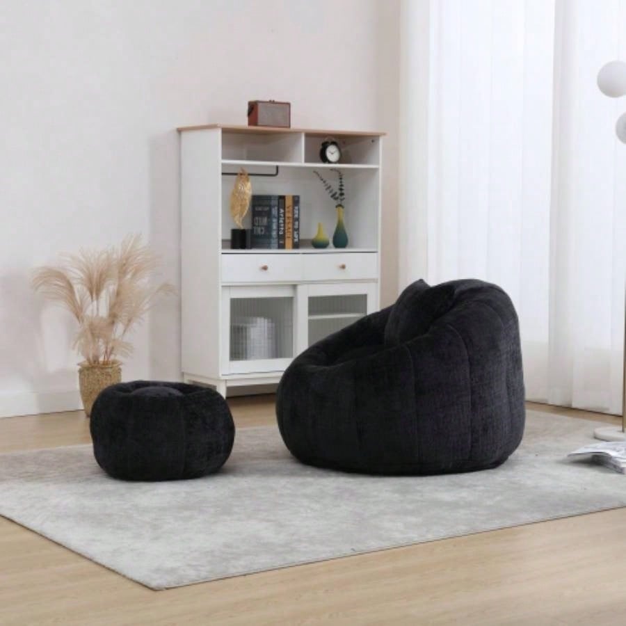 COOLMORE Modern Large Round Bean Bag Chair with Footrest Living Room, Chenille Fabric Lazy Sofa with Pillow Adults, Teenagers, Child, Suitable Bedroom, Dormitory, Study Room
