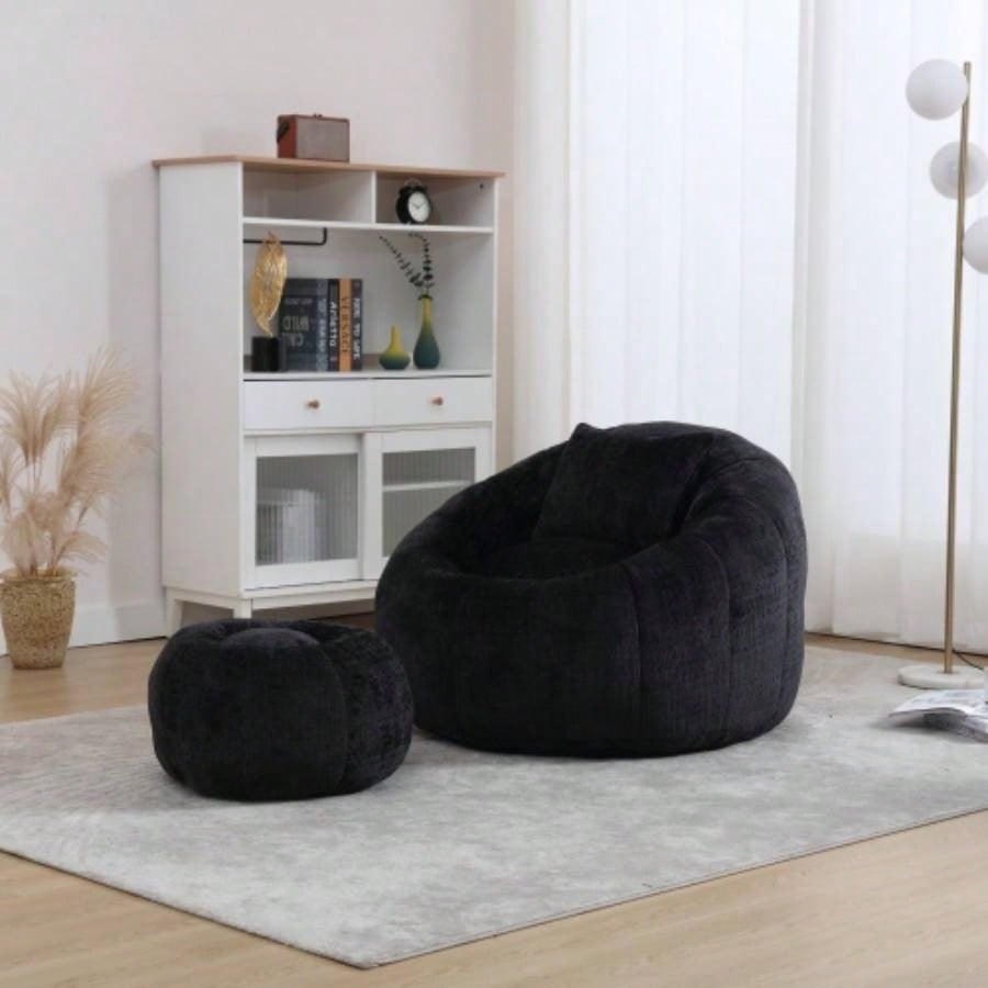 COOLMORE Modern Large Round Bean Bag Chair with Footrest Living Room, Chenille Fabric Lazy Sofa with Pillow Adults, Teenagers, Child, Suitable Bedroom, Dormitory, Study Room