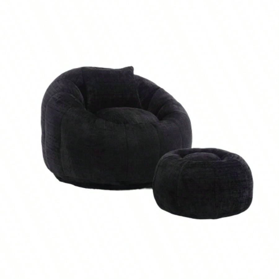 COOLMORE Modern Large Round Bean Bag Chair with Footrest Living Room, Chenille Fabric Lazy Sofa with Pillow Adults, Teenagers, Child, Suitable Bedroom, Dormitory, Study Room