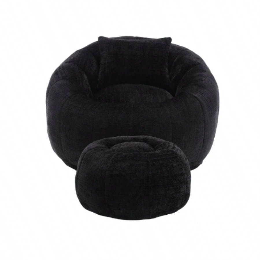 COOLMORE Modern Large Round Bean Bag Chair with Footrest Living Room, Chenille Fabric Lazy Sofa with Pillow Adults, Teenagers, Child, Suitable Bedroom, Dormitory, Study Room