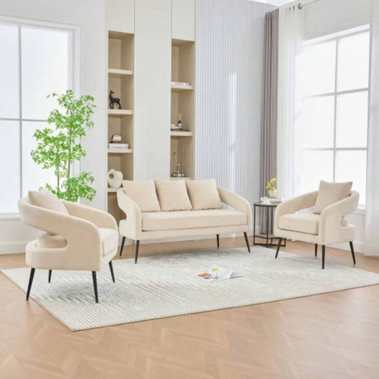 3 - Piece Upholstered Velvet Small Living Room Furniture Set with Metal, Open Back Sofa Conversation Set Living Room/Bedroom/Balcony/Office/Reception/Apartment, Beige, Loveseat 2 Accent Chair
