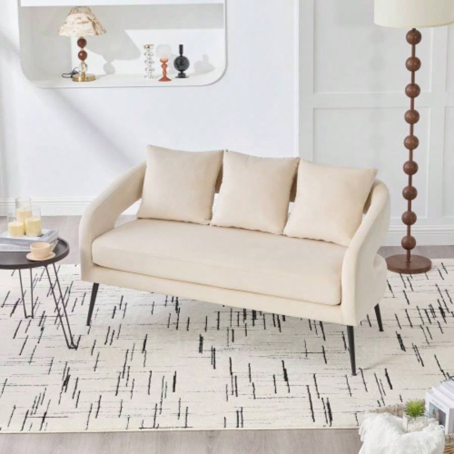 3 - Piece Upholstered Velvet Small Living Room Furniture Set with Metal, Open Back Sofa Conversation Set Living Room/Bedroom/Balcony/Office/Reception/Apartment, Beige, Loveseat 2 Accent Chair