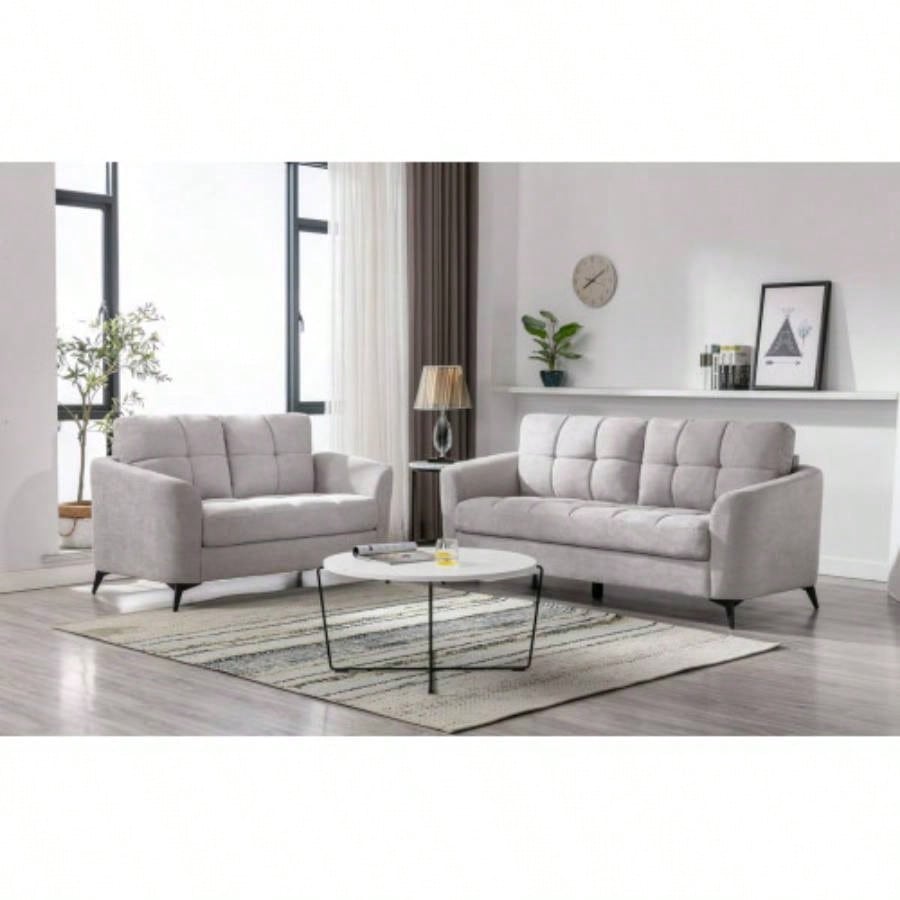Callie Light Gray Woven Fabric Sofa Loveseat Living Room Set