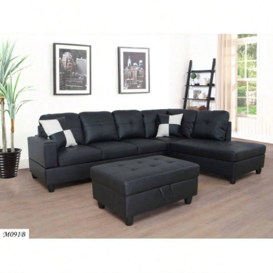 3 PC Sectional Sofa Set, Black Faux Leather left - Facing Sofa with Storage Ottoman