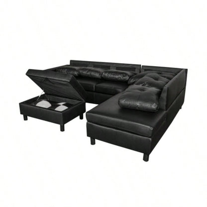 3 PC Sectional Sofa Set, Black Faux Leather left - Facing Sofa with Storage Ottoman