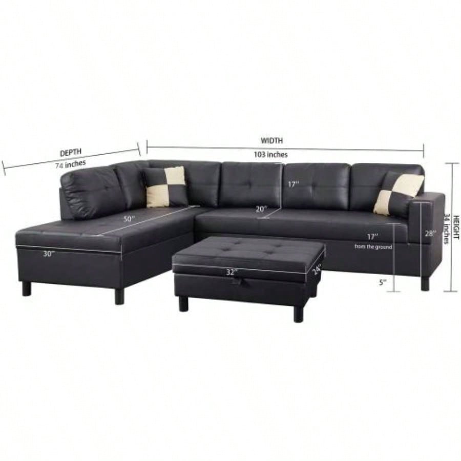 3 PC Sectional Sofa Set, Black Faux Leather left - Facing Sofa with Storage Ottoman