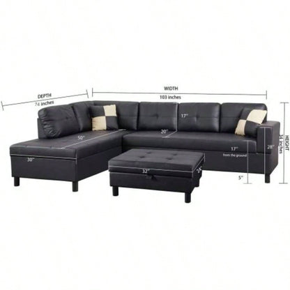 3 PC Sectional Sofa Set, Black Faux Leather left - Facing Sofa with Storage Ottoman