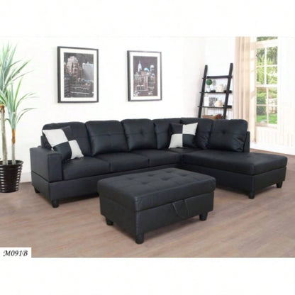3 PC Sectional Sofa Set, Black Faux Leather left - Facing Sofa with Storage Ottoman