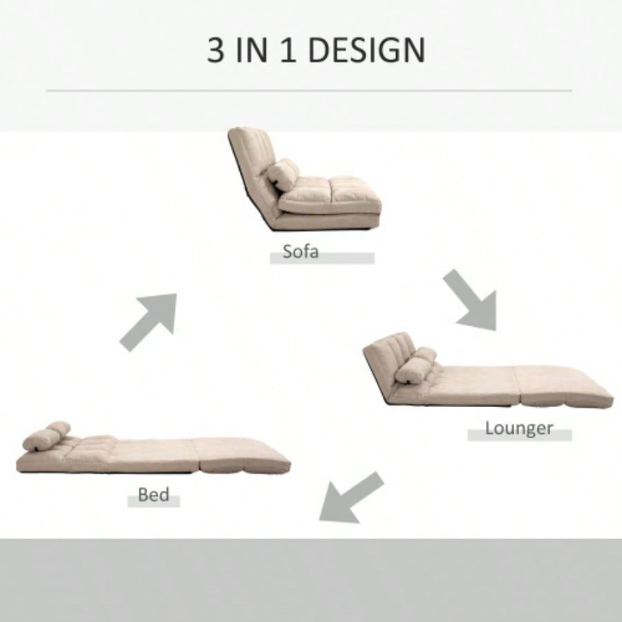 HOMCOM Convertible Floor Sofa Chair, Folding Couch Bed, Guest Chaise Lounge with 2 Pillows, Adjustable Backrest and Headrest, 40.25 L, Beige