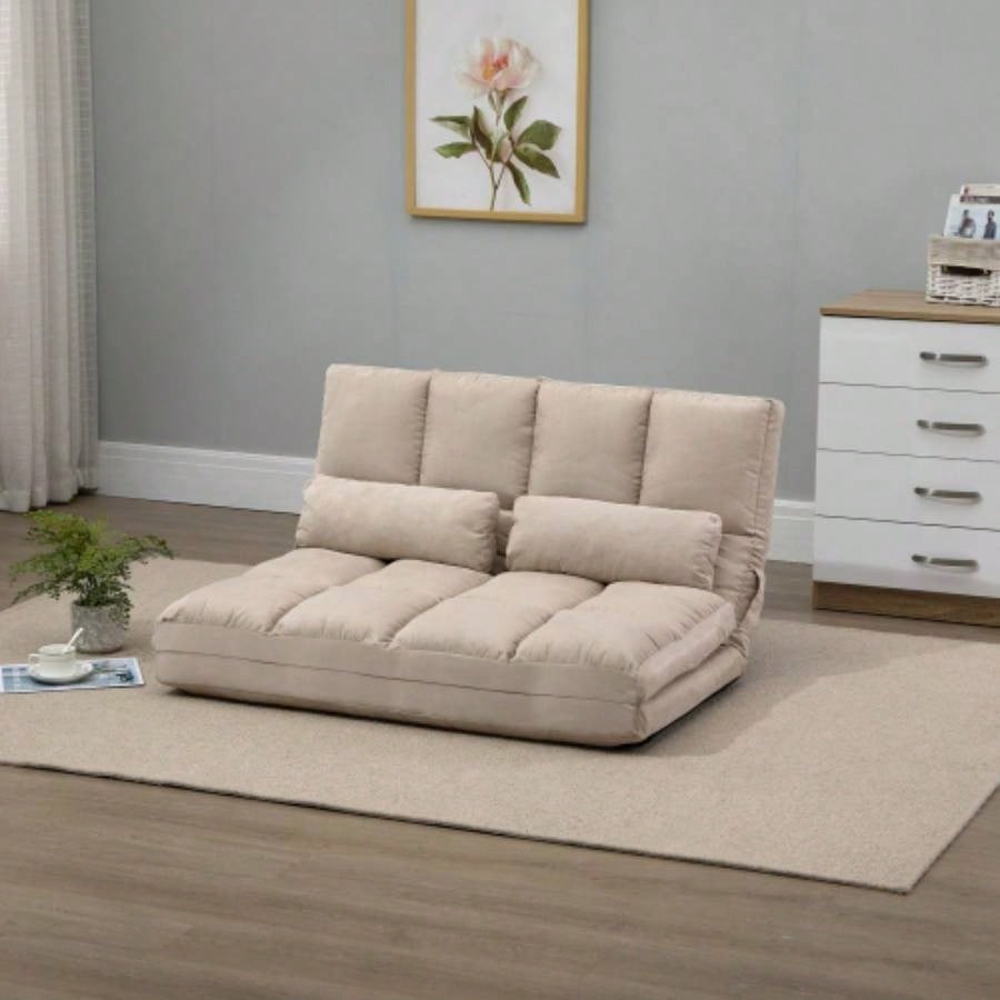 HOMCOM Convertible Floor Sofa Chair, Folding Couch Bed, Guest Chaise Lounge with 2 Pillows, Adjustable Backrest and Headrest, 40.25 L, Beige