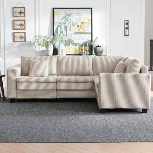 Modular Sectional Sofa, L - Shaped Corduroy Couch Set, 3 - Seater Modular Sofa with Deep and Cloud - Like Comfort, Living Room, Apartment, Bedroom, Studio, Office, Beige