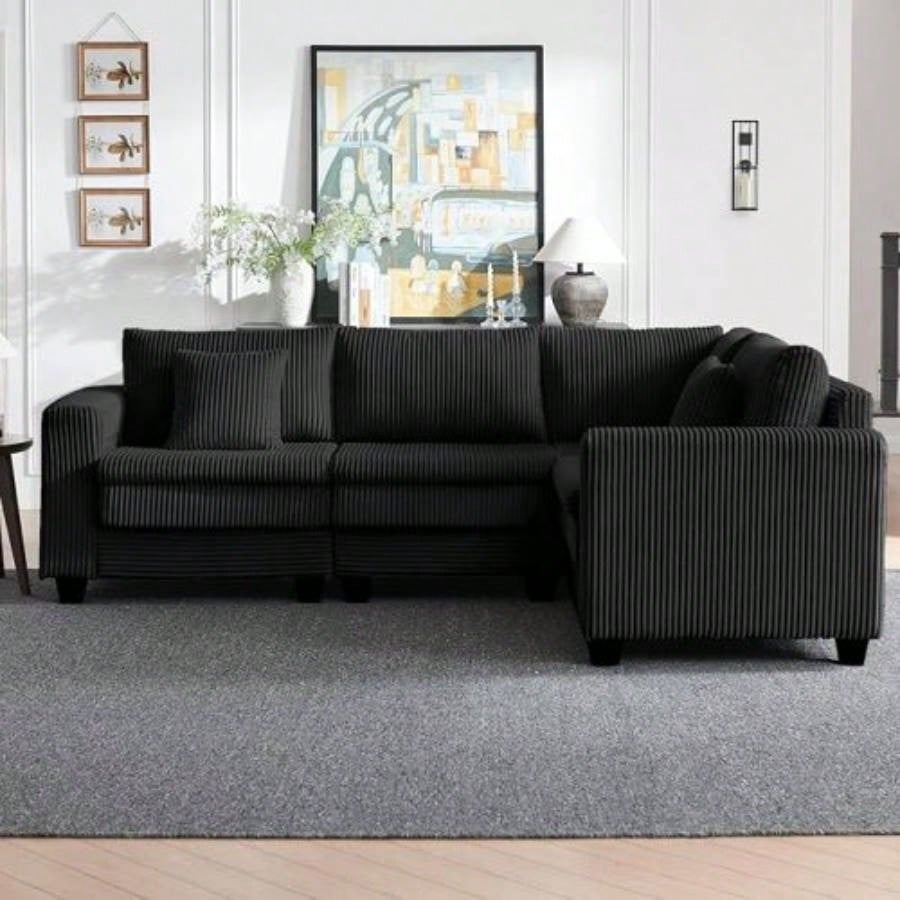 Modular Sectional Sofa, L - Shaped Corduroy Couch Set, 3 - Seater Modular Sofa with Deep and Cloud - Like Comfort, Living Room, Apartment, Bedroom, Studio, Office, Beige