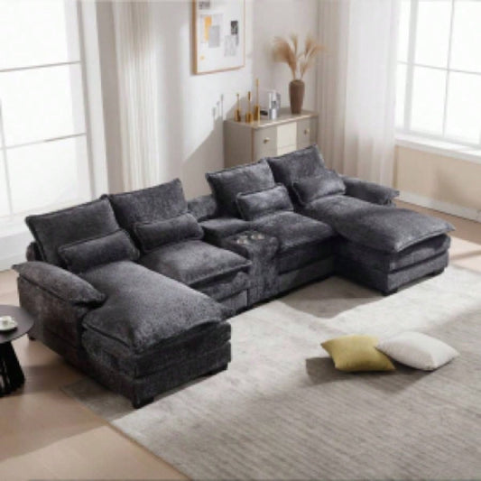 Modern U - shaped Sofa with Console, Cupholders and USB Ports, 6 - Upholstered Symmetrical Indoor Furniture, Sleeper Couch Set with Chaise Living Room, Apartment, Gray