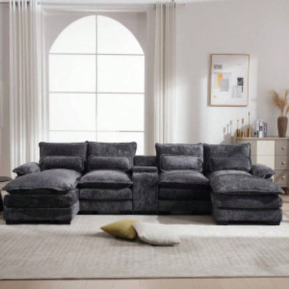 Modern U - shaped Sofa with Console, Cupholders and USB Ports, 6 - Upholstered Symmetrical Indoor Furniture, Sleeper Couch Set with Chaise Living Room, Apartment, Gray
