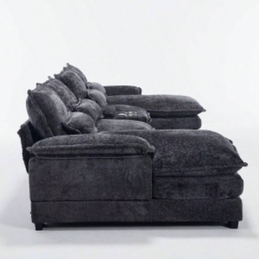 Modern U - shaped Sofa with Console, Cupholders and USB Ports, 6 - Upholstered Symmetrical Indoor Furniture, Sleeper Couch Set with Chaise Living Room, Apartment, Gray