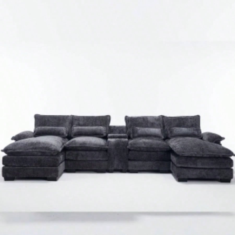 Modern U - shaped Sofa with Console, Cupholders and USB Ports, 6 - Upholstered Symmetrical Indoor Furniture, Sleeper Couch Set with Chaise Living Room, Apartment, Gray