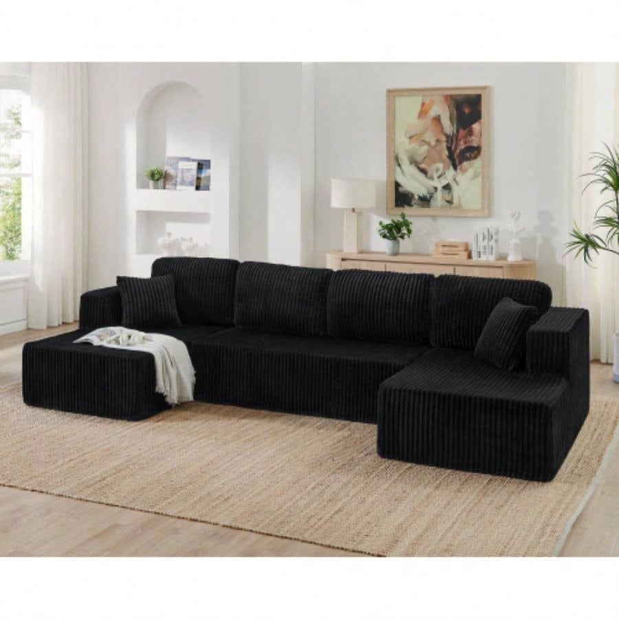 U shape Modular Sectional Sofa, Compressed Sectional Sofa Modern Minimalist Style Corduroy Couch, Sleeper Sofa Living Room, Bedroom, Comfy Compressed Sofa Couch Space - Efficient Design - black