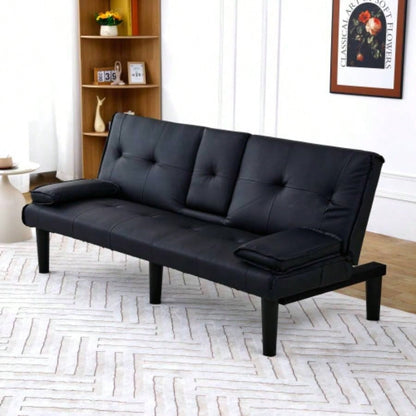 67 - inch black PVC multi - functional sofa bed with a foldable and cup holder design makes it extremely convenient to turn living room into a guest room