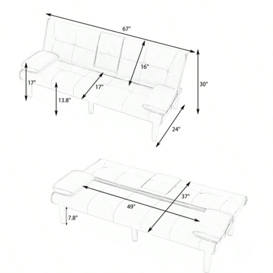 67 - inch black PVC multi - functional sofa bed with a foldable and cup holder design makes it extremely convenient to turn living room into a guest room