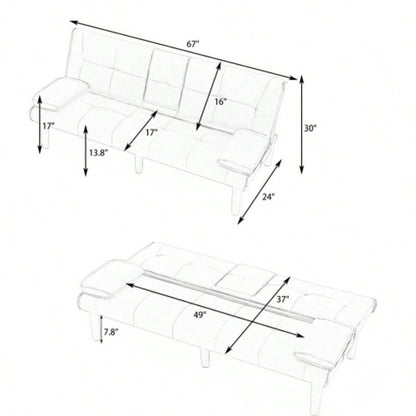 67 - inch black PVC multi - functional sofa bed with a foldable and cup holder design makes it extremely convenient to turn living room into a guest room